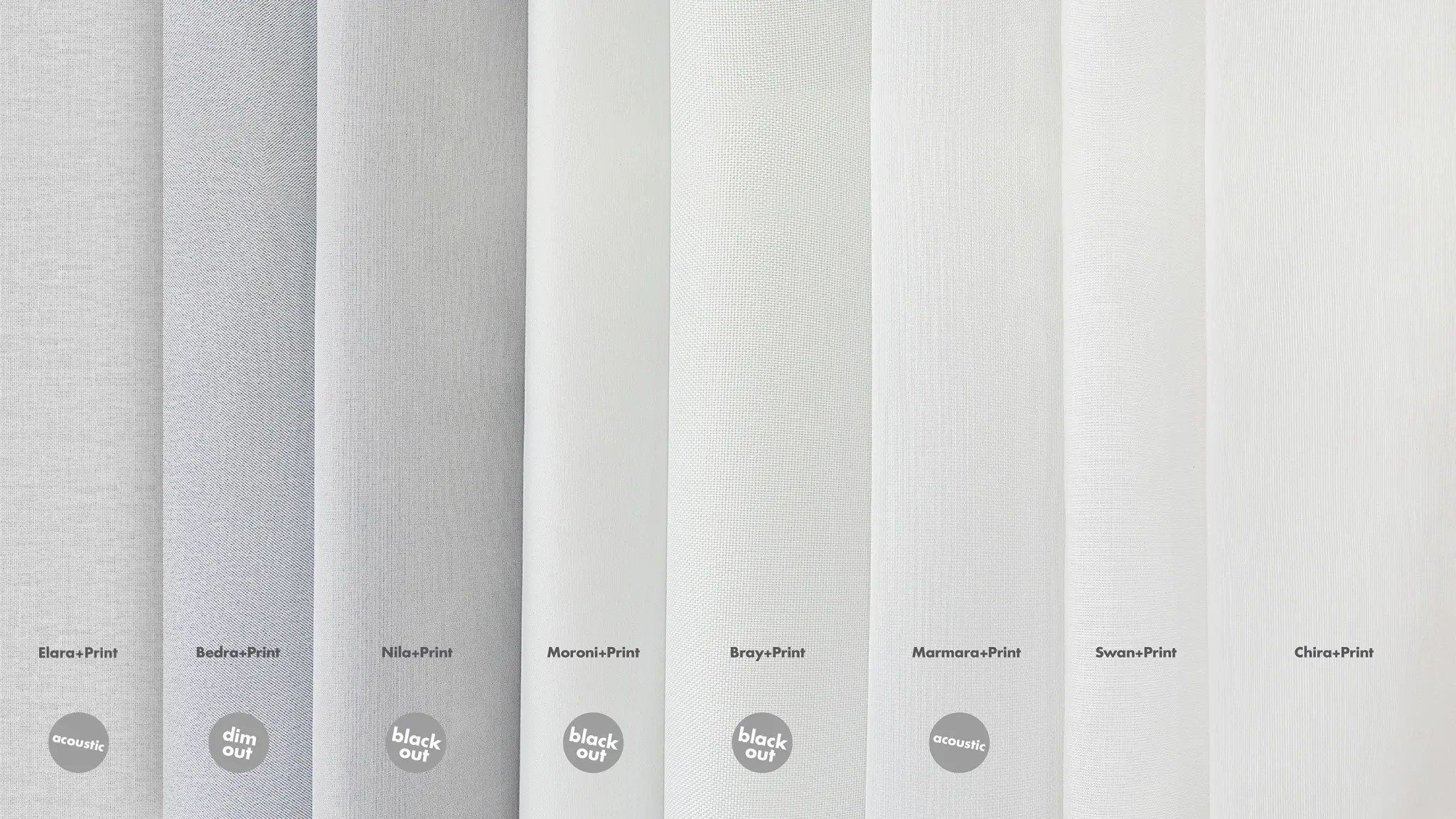 Vescom curtain fabrics with diverse functional properties, including acoustic, dim-out, and blackout options.