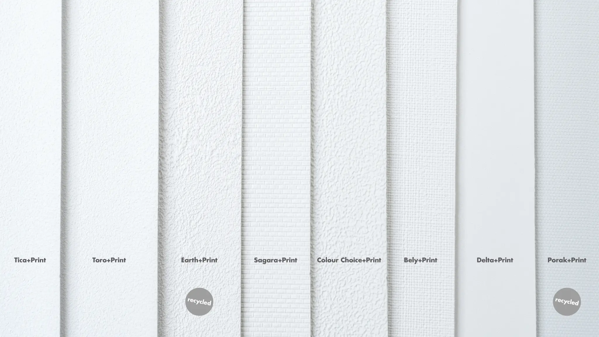 Overview of various white Vescom+Print wallcovering textures, including recycled options Earth and Porak.