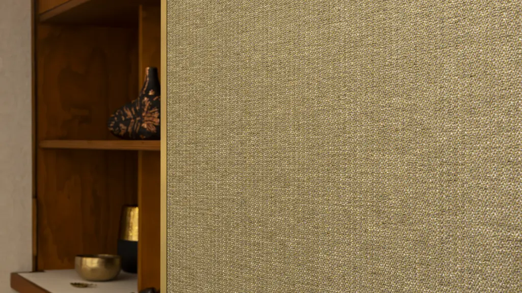 Close-up of Vescom Amber woven textile wallcovering with warm gold tone and irregular melange texture beside wooden shelving