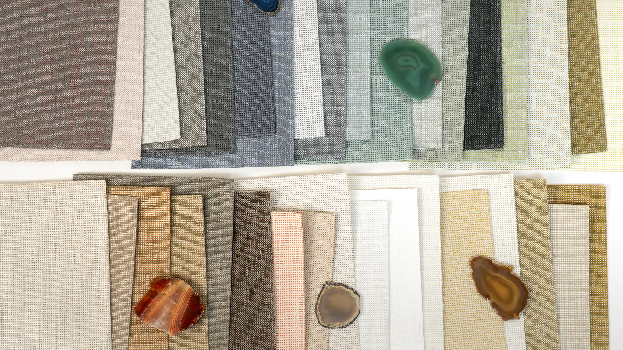 Vescom Gemstone woven textile wallcovering colour range showing small grid texture and gemstone-inspired colourways